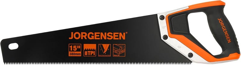 Jorgensen 15” Hand Saw, Black Coated Coarse Handsaw 8TPI for Wood Cutting, Ergonomic Non-Slip Aluminum Handle for Sawing, Trimming, Gardening, Pruning, PVC - Image 1